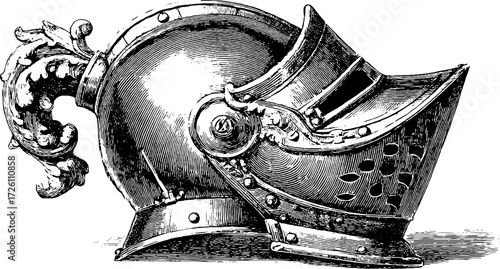 Vintage knight helmet illustration in engraved style for historical design