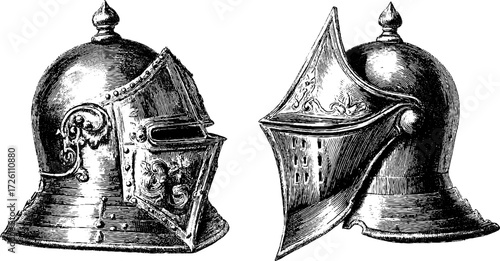 Vintage knight helmet design in engraving style for historical illustrations