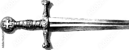 Vintage knight sword engraving sketch for retro design and decoration