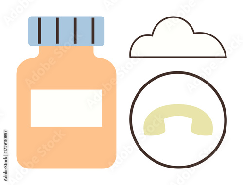 Medicine bottle with a blank label, cloud icon, and pill outline signify health, wellness, medical care, pharmaceutical treatment, and cloud-based services. Ideal for healthcare, pharmacy