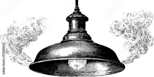Vintage lamp with ornate rising smoke - retro hand drawn design for decorative projects