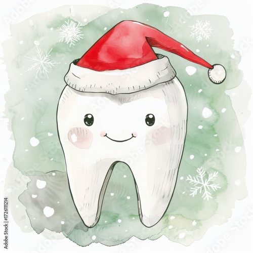 cute white kawaii smiling tooth wearing Santa hat on light green snowy background, festive dental watercolor illustration. pediatric dentistry branding, dental clinic, children's dentistry, oral care.