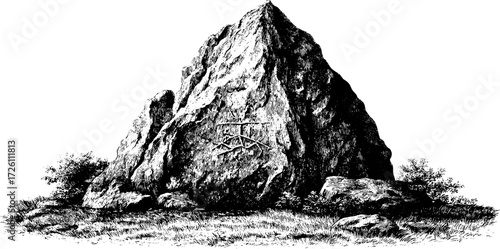 Ancient menhir stone with carvings in vintage hand drawn style