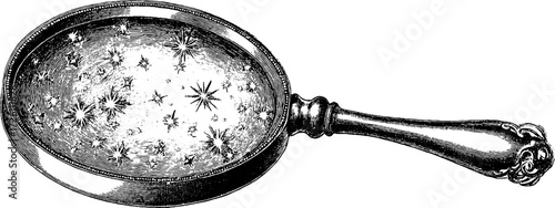 Vintage hand drawn mirror reflecting starry sky silhouette for design and decor