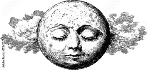 Tranquil moon with closed eyes: vintage hand drawn lunar illustration for art and design