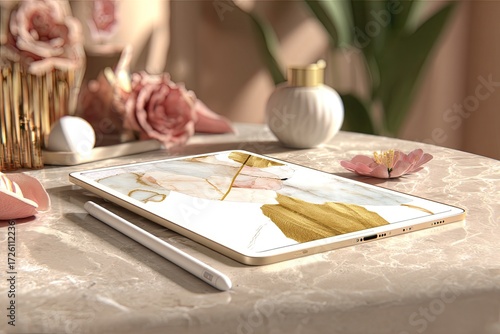 Tablet computer on a marble table,  surrounded by floral decor