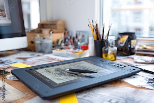Digital art workspace, tablet, and supplies