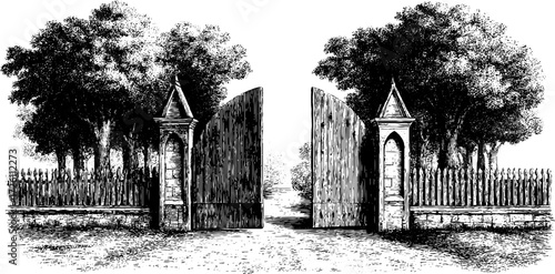 Vintage illustration of old wooden gates leading into a forest – design for posters and prints