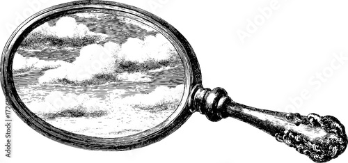 Vintage oval mirror reflecting clouds - hand-drawn engraving design for posters