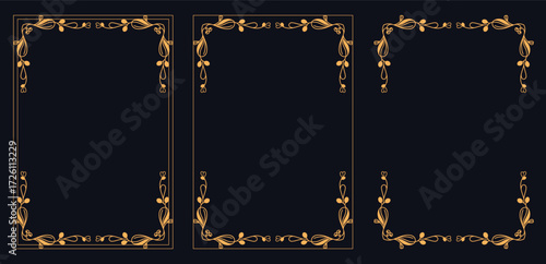 Elegance and Sophistication: Decorative Frames Set: Three meticulously crafted frames, each with intricate, golden designs, grace a dark background. Embodying a timeless aesthetic.