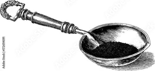 Vintage shovel sketch with ornate handle design for retro crafts and decor