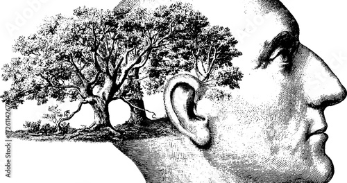 Silhouette head with tree inside symbolizing thought and nature connection