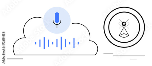 Microphone above sound waves inside cloud, signifying voice recognition, data sharing, and AI. Eye inside triangle reflects privacy, surveillance concerns. Ideal for technology, AI, data security
