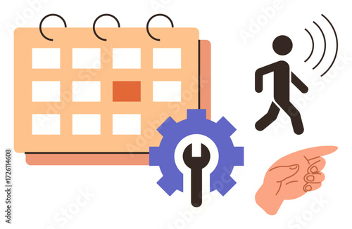 Calendar for scheduling, gear for settings, person walking for progress, hand pointing for action. Ideal for planning, optimization, scheduling, efficiency, workflow decision-making task