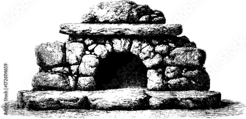 Vintage stone fireplace sketch - hand drawn illustration for retro decoration