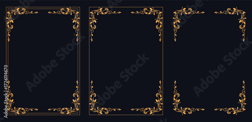 Ornamental Frame Set on Dark Background: A selection of ornate golden frames, each displaying intricate details, elegantly set against a deep, dark background, creating a stunning and artistic visual.