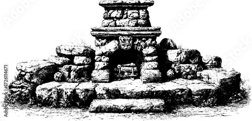 Vintage stone fireplace design in hand drawn etching style for home décor
