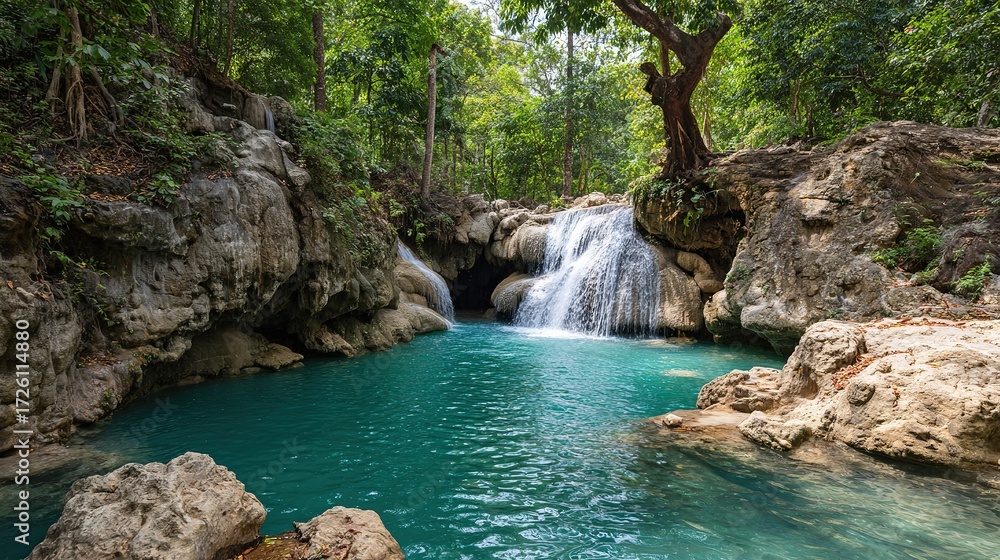 Naklejka premium Tropical Waterfall Cascading into Turquoise Pool, Lush Jungle Setting, Eco-Tourism Concept, Adventure Travel, Refreshing Nature Scene, Pristine Paradise