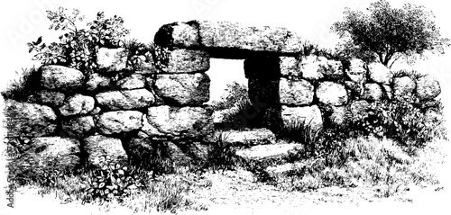 Ancient stone ruins with overgrown grass in vintage hand drawn style
