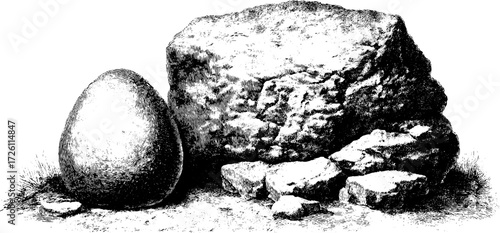 Engraved illustration of heart-shaped stone and rocks - vintage sketch for design