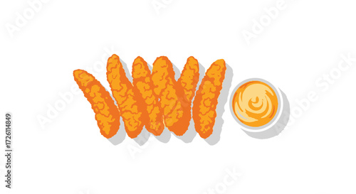 Top-down view of six crispy chicken strips arranged next to a small bowl of dipping sauce on a white background.