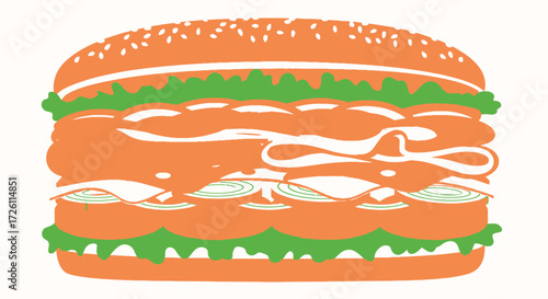 Stylized illustration of a large burger with sesame seed bun, lettuce, cheese, onions, and other ingredients.