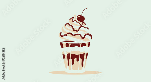 A stylized illustration of a sundae with vanilla ice cream, chocolate sauce, and a cherry on top, set against a light background.