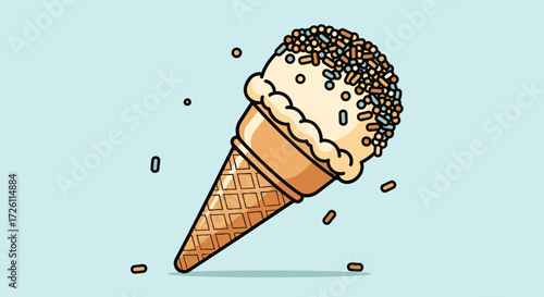 A cartoon illustration of a vanilla ice cream cone with colorful sprinkles on a light blue background.