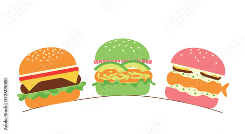 Three colorful cartoon-style burgers with different fillings and vibrant bun colors: orange, green, and pink, presented on a white background.