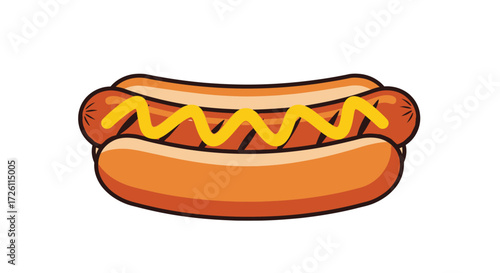 Cartoon illustration of a hot dog in a bun with yellow mustard zig-zagged on top, isolated on a white background.