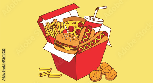 An illustration of a red box overflowing with fast food items including a burger, hot dogs, fries, pizza slice, and a drink with a straw.