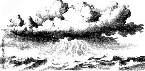 Vintage hand drawn illustration of lightning storm over sea