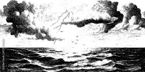 Dramatic stormy sea with lightning and birds illustration - retro engraving style