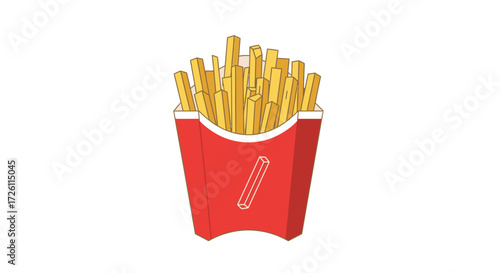 Illustration of golden french fries in a red and white cardboard container, isolated on a white background.