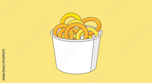 A white bucket filled with golden and yellow onion rings on a yellow background.