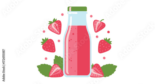 A bottle of strawberry smoothie surrounded by fresh strawberries and green leaves, presented on a white background.
