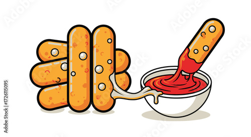 Cartoon illustration of mozzarella sticks, some stacked, and one being dipped in a bowl of red sauce.