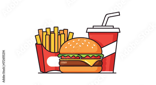 Cartoon illustration of a fast food meal including a burger, french fries in a red container, and a red soda cup with a straw.