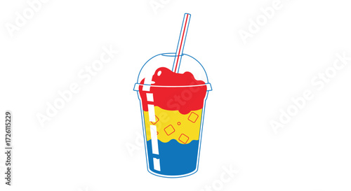 Colorful layered slush drink in a clear plastic cup with a straw, isolated on a white background.