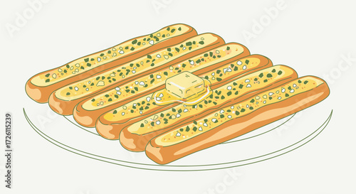 Six garlic bread sticks topped with herbs and a melting pat of butter, presented on a plate.