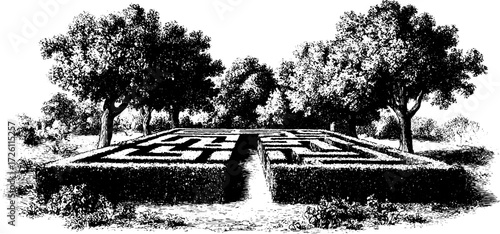 Intricate square labyrinth in garden setting for design and puzzle enthusiasts