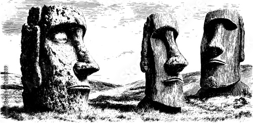 Mysterious stone idol figures in landscape - hand drawn engraving for artistic design
