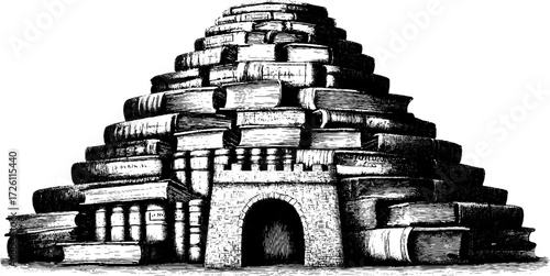 Tower made of books: metaphor for knowledge and learning in a vintage hand-drawn sketch