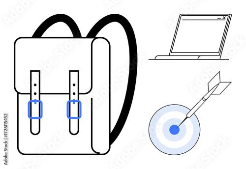 Backpack symbolizing learning, laptop denoting work and technology, target with dart depicting goals. Ideal for education, career, e-learning, focus, personal development remote work. A simple flat