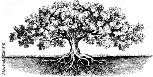 Vintage tree with roots sketch silhouette on ground for nature designs