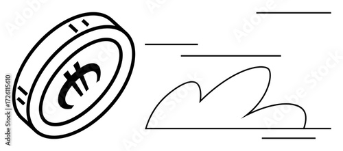 Coin with currency sign speeding forward as motion lines and minimal design imply rapid progress. Ideal for finance, economy, investments, entrepreneurship, innovation, e-commerce, technology. Simple