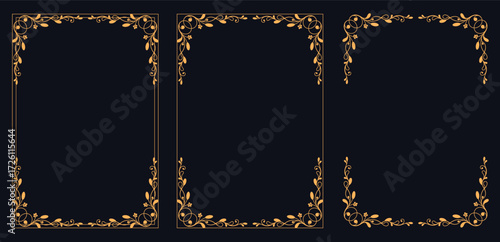 Golden Frames: A set of elegant rectangular frames adorned with delicate golden leaves on a deep, inviting background, perfect for adding a touch of sophistication.