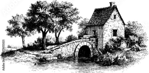 Vintage watermill scene: hand-drawn illustration for retro design