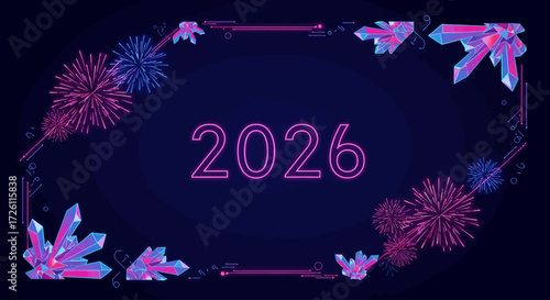 A festive New Year's Eve celebration for 2026, featuring a dark background adorned with sparkling fireworks and glowing crystalline structures.