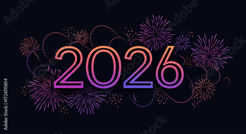 Illustration of the year 2026 with fireworks in a dark background, celebrating the new year.